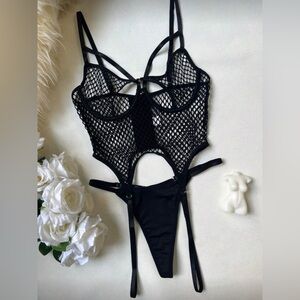 NEW Black Teddy Fishnet Cut Out Lingerie Set
